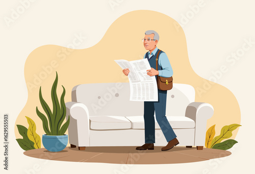 Elderly man reading newspaper while standing near couch with plants  