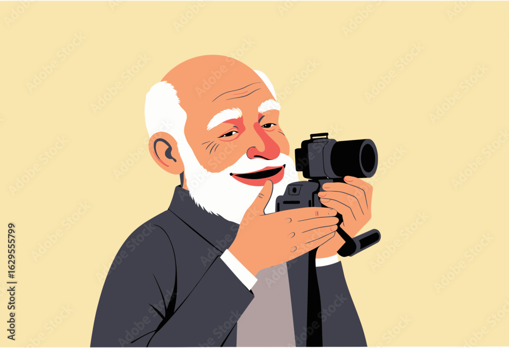 Fototapeta premium Elderly man smiling while holding a camera against a yellow background 