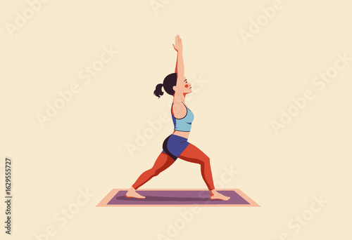 Young woman practicing yoga in warrior pose on mat indoors  