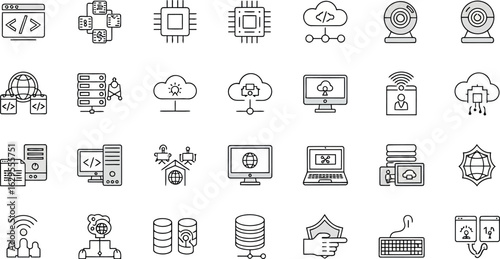Vector art of collection of technology and computer icons, representing data, network, cloud, and programming concepts, isolated on white background transparent background