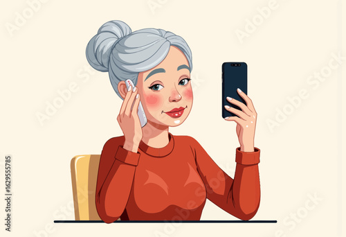 Senior woman taking selfie with smartphone at home table  