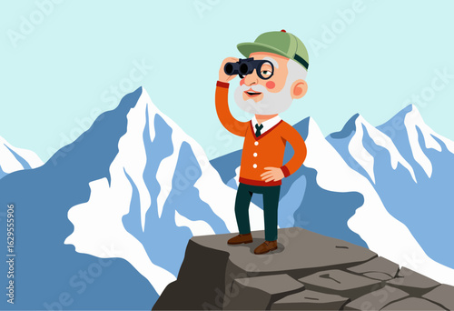 Elderly man looking through binoculars while standing on mountain peak  