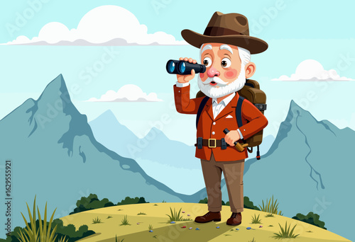 Elderly man hiking and observing landscape with binoculars in mountains  
