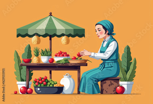 Woman arranging fresh vegetables at market stall with green awning  