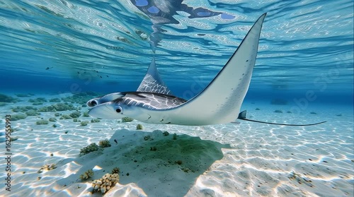 A manta ray soaring effortlessly above the seabed, surrounded by small remoras and drifting plankton