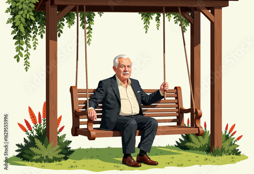 Elderly man sitting calmly on a swing under greenery in garden  