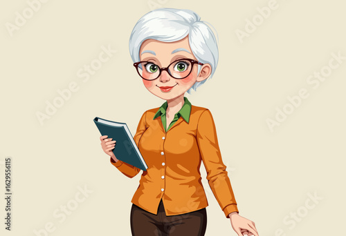 Elderly woman smiling while holding a book in casual attire  