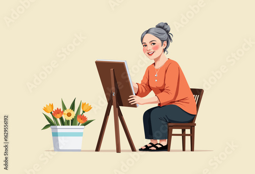 Elderly woman painting on easel while sitting in chair at home  