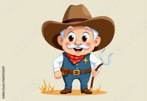 Cartoon cowboy character smiling with a badge and lasso in desert  