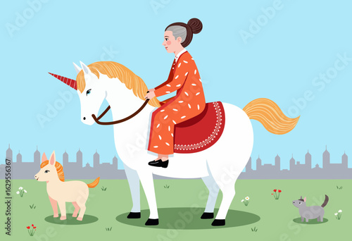 Elderly woman riding a unicorn in playful outdoor scene  