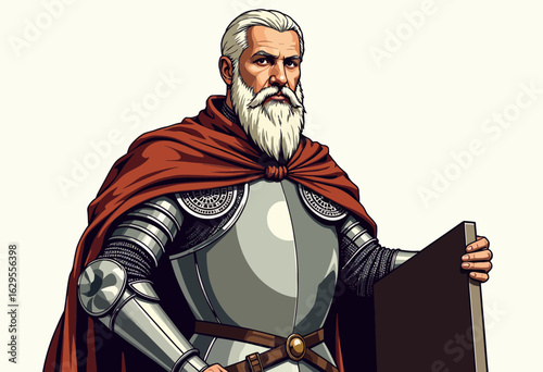 Elderly man in medieval armor holding a shield with a red cape  
