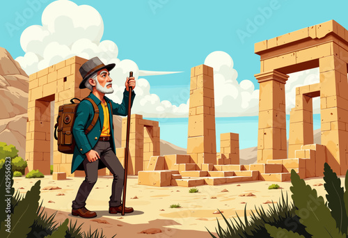 Elderly man hiking in historic ruins with backpack and walking stick  