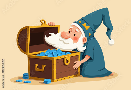 Cartoon wizard discovering treasures in a wooden chest  