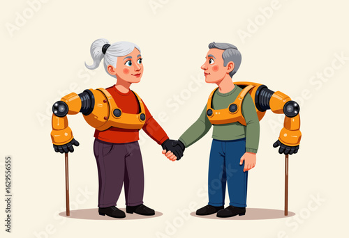 Elderly couple holding hands while wearing robotic arm suits  