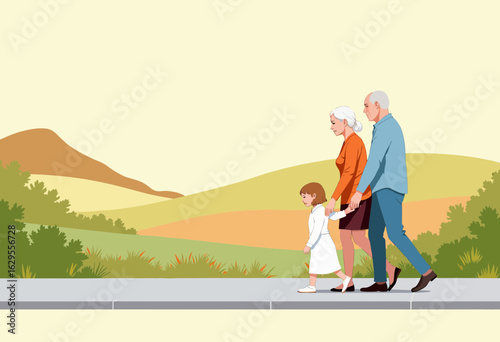 Grandparents walking with granddaughter on scenic pathway in nature  