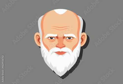 Elderly man with white beard and serious expression on gray background  