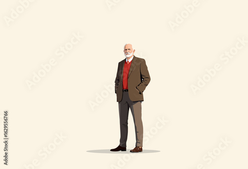 Elderly man standing confidently in suit and tie on plain background  