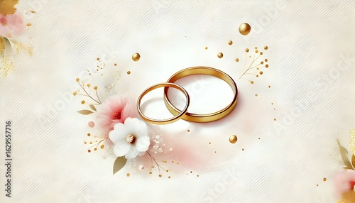 Engagement rings placed on a soft, muted watercolour illustrative background with copy space, background illustrations for engagement, proposal, weddings with florals detailing