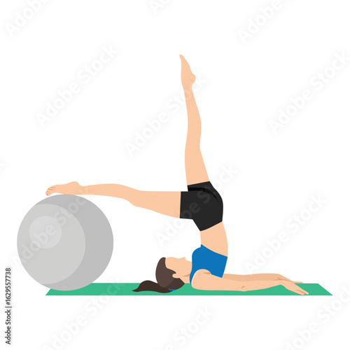 Woman performs a controlled leg lift with one leg extended onto a Swiss ball, Core strength. Flat vector illustration isolated on white background