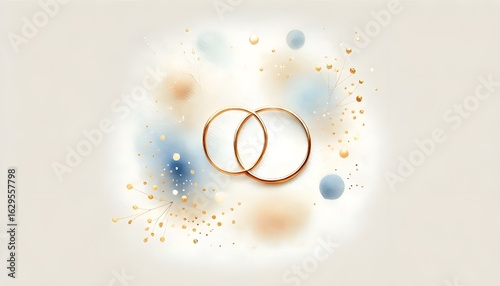 Engagement rings placed on a soft, muted watercolour illustrative background with copy space, background illustrations for engagement, proposal, weddings with florals detailing