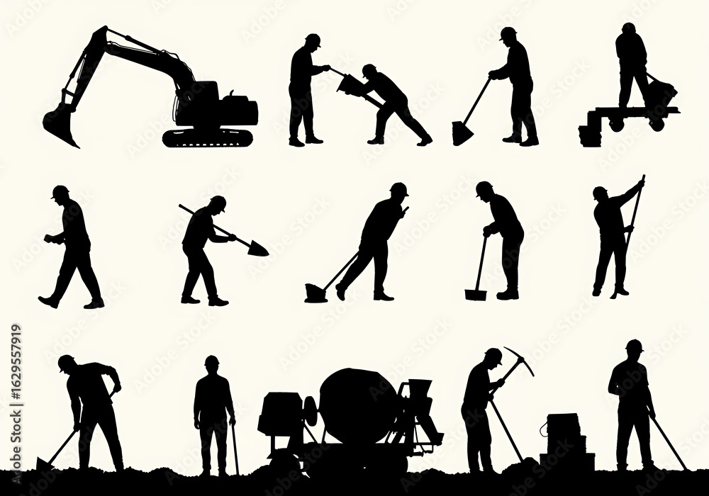 Obraz premium Silhouettes of construction workers with equipment isolated on white background