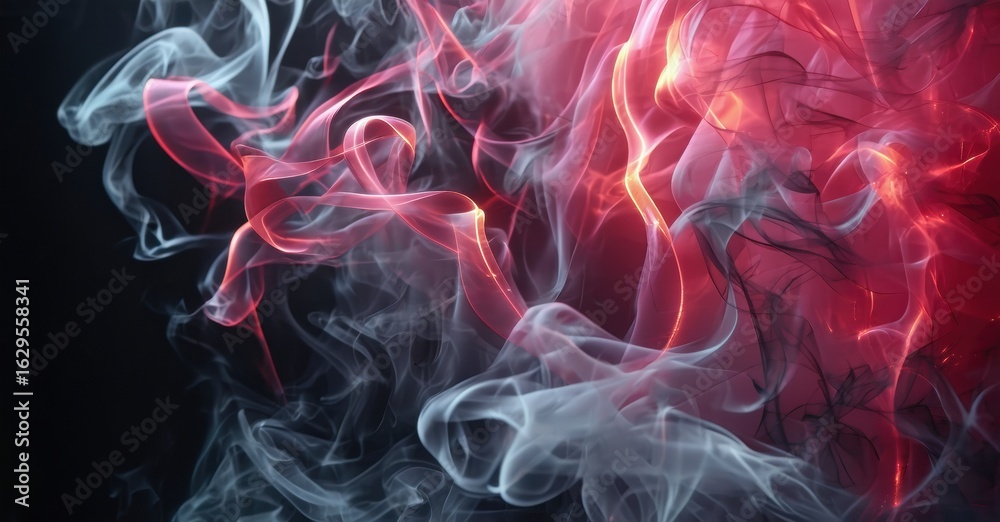 Fototapeta premium Abstract smoke patterns, red and white hues, dark background. Dynamic swirling forms create dramatic visual impact.