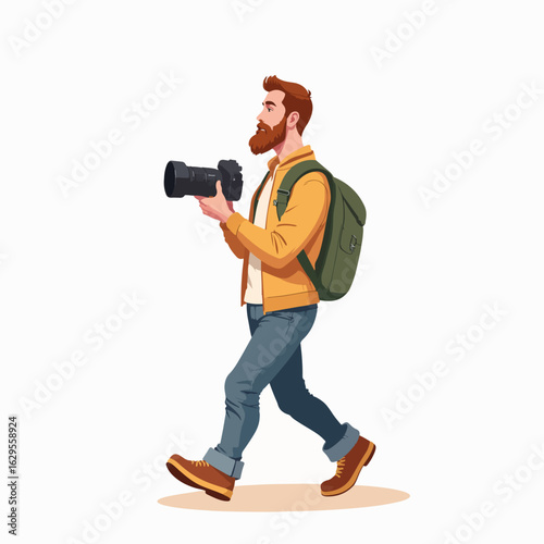 Young man walking with camera gear and backpack on white background. Enthusiastic photographer carries backpack and camera, ready to capture moments. Ideal for travel photography and adventure blogs.