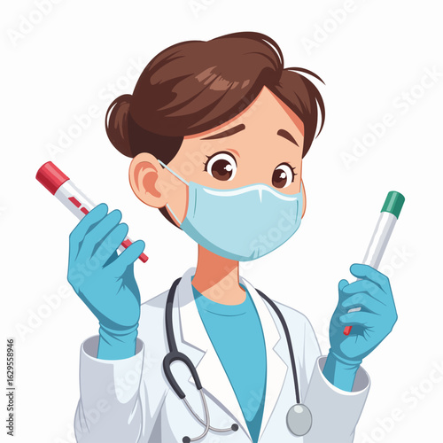 Doctor holding test swabs and vials in medical laboratory setting. Doctor wears mask and gloves while showcasing test tubes in hands.