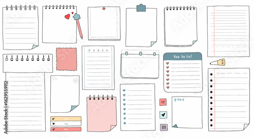 Collection of HandDrawn Lined Paper Notebooks and Sticky Notes.