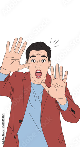 Man with hands pressed against glass showing shocked expression surprise astonishment fear emotion human reaction gesture people visual representation communication concept