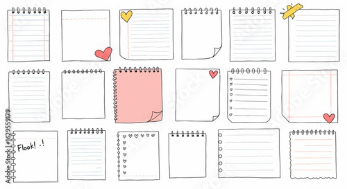 Collection of HandDrawn Notepad Sheets with Lines Hearts and Spiral Bindings.