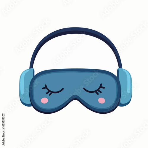 Sleep mask and ear plugs illustration featuring a cute blue design with closed eyes and comfy features. Relaxation accessories enhance restful sleep experience at home.