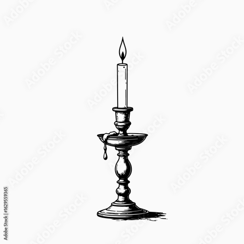 Elegant brass candlestick with dripping wax and glowing candle on a soft background. This vintage-inspired brass candlestick exudes charm, adding warmth and ambiance to any setting.