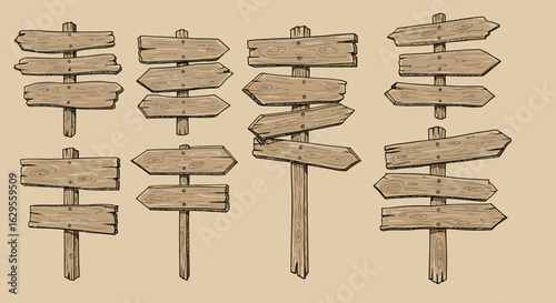 Collection of Rustic Wooden Directional Signposts with Varied Arrows.