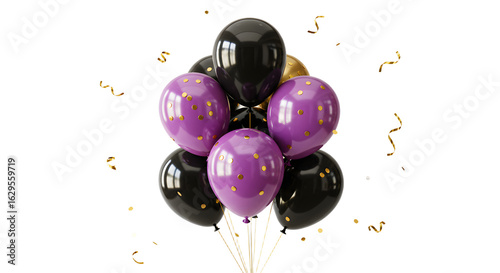 Black and purple helium balloons with gold confetti and gold ribbon strings perfect for birthday parties and celebrations