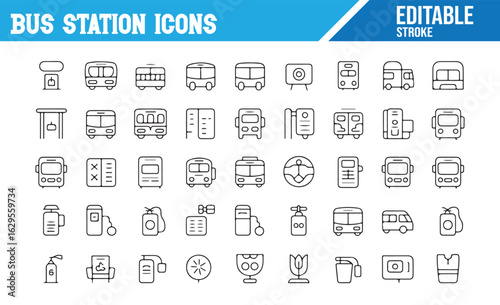 Editable Stroke Icons for Bus Stations Featuring Vehicles, Stops, and Services