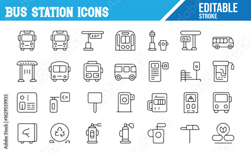 Editable Bus Station Icons Featuring Public Transport and Ticket Machines