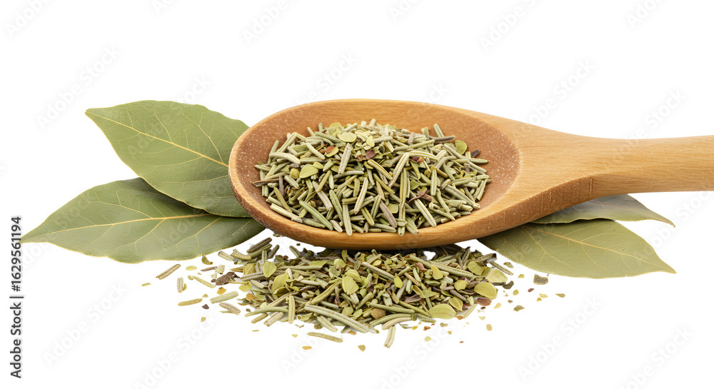Dried rosemary on a wooden spoon with fresh bay leaves isolated on white background, perfect for culinary uses or herbal medicine Dried rosemary on a wooden spoon with fresh bay leaves isolated on white background, perfect for culinary uses or herbal medicine