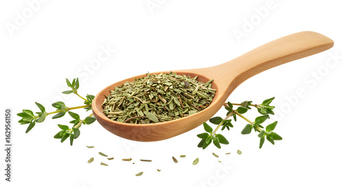 Dried thyme leaves in a wooden spoon with fresh thyme sprigs, healthy herb used in cooking and seasoning
