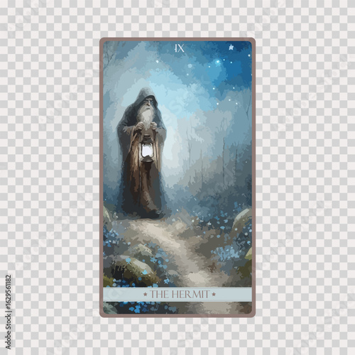 watercolor Tarot card 'The Hermit'.Tarot card colorful deck. Major arcana set part . Occult and alchemy symbolism.
