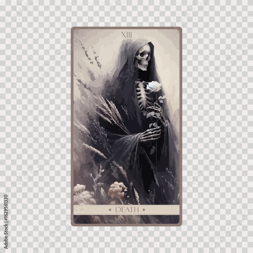 watercolor Tarot card 'Death'.Tarot card colorful deck. Major arcana set part . Occult and alchemy symbolism.