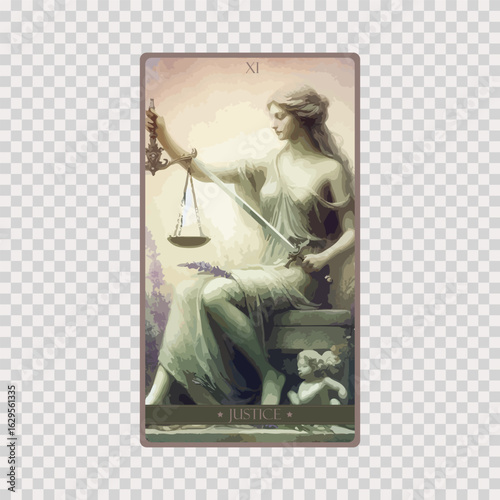 watercolor Tarot card 'Justice'.Tarot card colorful deck. Major arcana set part . Occult and alchemy symbolism.