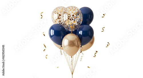 Elegant gold and navy blue balloons bouquet with confetti balloon perfect for celebrations and party decorations