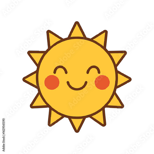 Cute kawaii sun character with a happy smiling face and rosy cheeks. Adorable vector illustration isolated on white background.