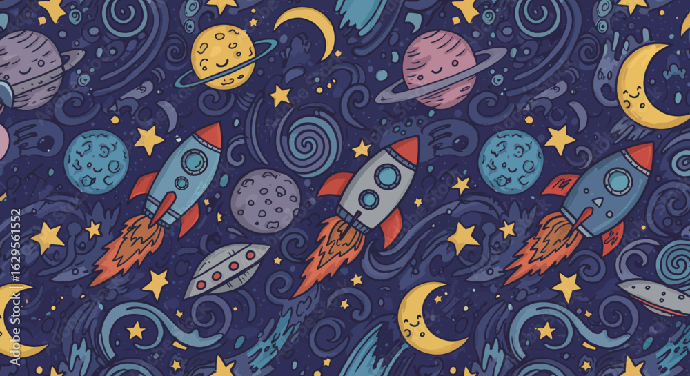 Naklejka premium Cute Cartoon Space Rockets Planets and Stars Seamless Pattern.
