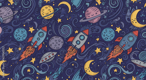 Cute Cartoon Space Rockets Planets and Stars Seamless Pattern.