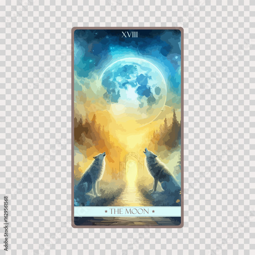 watercolor Tarot card 'The Moon'.Tarot card colorful deck. Major arcana set part . Occult and alchemy symbolism.