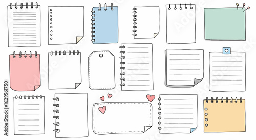 Cute HandDrawn Doodle Collection of Various Notebook Paper Pages and Sticky Notes.