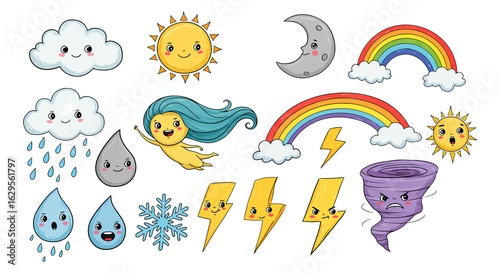 Cute Cartoon Weather Elements Collection with Smiling Sun Clouds Rainbow and Lightning.