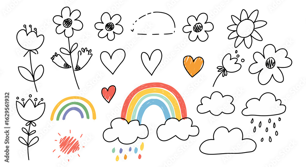 Fototapeta premium Cute HandDrawn Doodle Elements Flowers Hearts Rainbows Clouds Sun Simple Outlines.